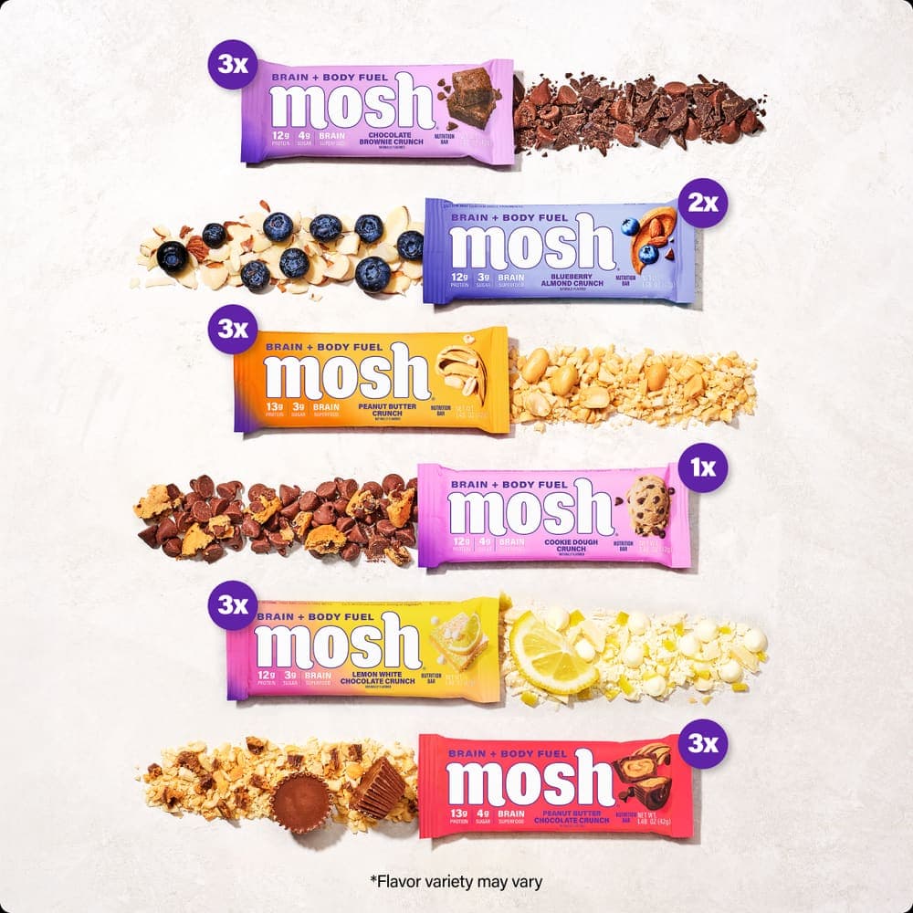 The six Mosh flavors in the variety pack, and how many of each