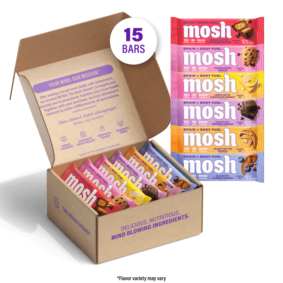 Open box of Maria & Patrick's Variety Pack, fifteen Mosh bars, with the six flavors beside it